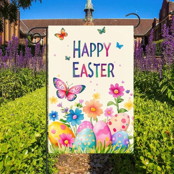 Happy Easter Garden Flags Easter Egg Butterfly Yard Flag 12x18 Inch Double Sided Outside Flowers Easter Eggs Yard Outdoor Decoration Seasonal Spring Decor Farmhouse Holiday