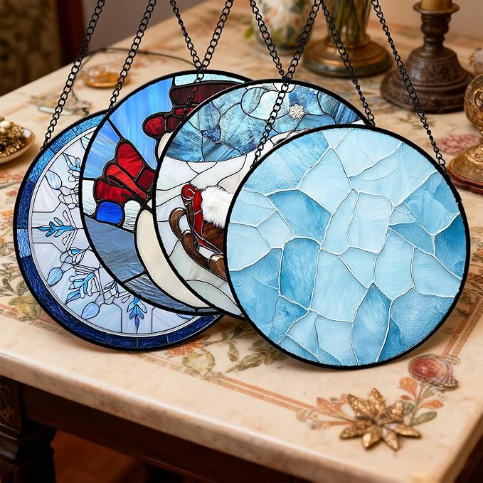 AMDERVEN Stained Glass Window Hanging 4 Pcs Set Blue White Christmas Snowman Snowflake 7.8" - Suncatcher Door Garden Sun Catcher Decor Birthday Mother's Day Xmas Gifts for Mom Woman Nana Men