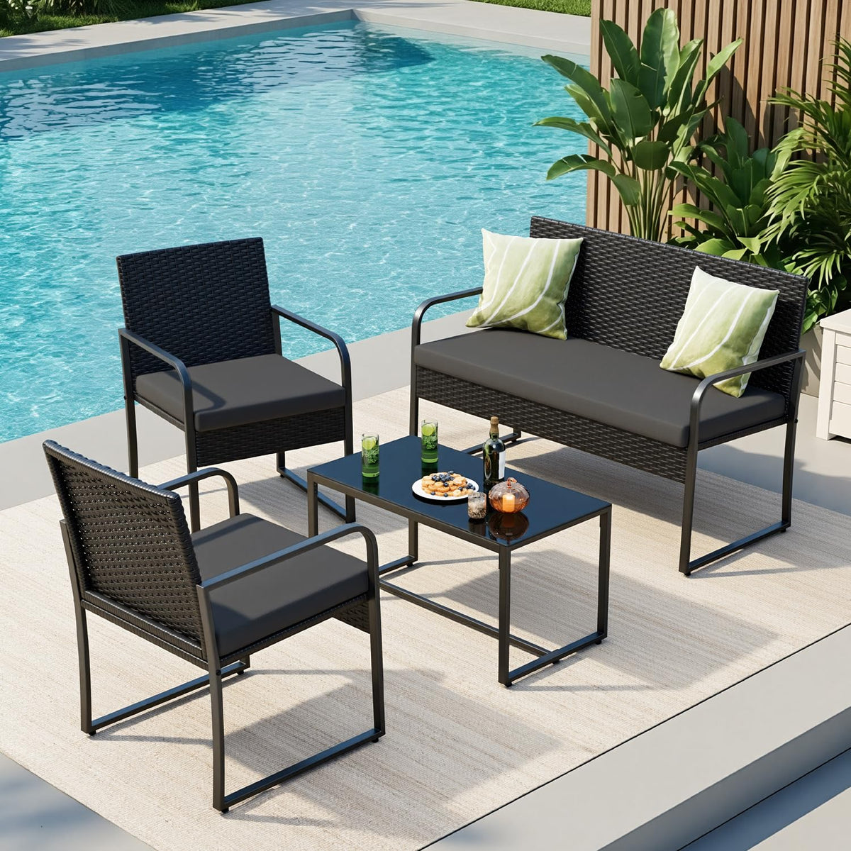 Gizoon Black Wicker Conversation Set with Glass Coffee Table