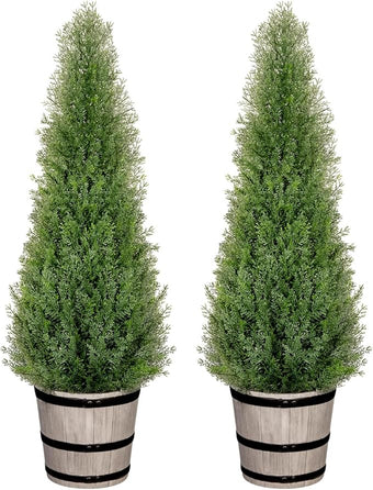 VIVATREES 3FT Artificial Cedar Topiary Trees with Rustic Barrel Planter, Outdoor Indoor Realistic Faux Pine Shrubs Plants, Fake Cypress Trees for Home Offices Porch Decor, Set of 2