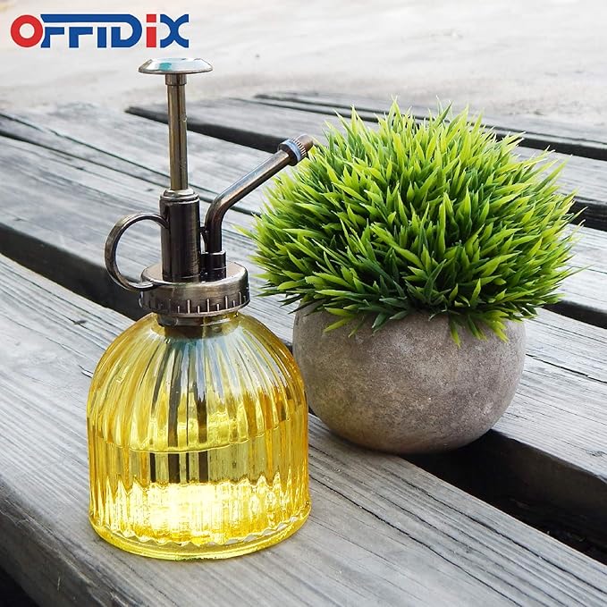 OFFIDIX Glass Watering Spray Bottle, 6.3" Tall Vintage Style Decorative Plant Atomizer Watering Can Pot with Bronze Plastic Top Pump for Indoor Potted Plants(Yellow)