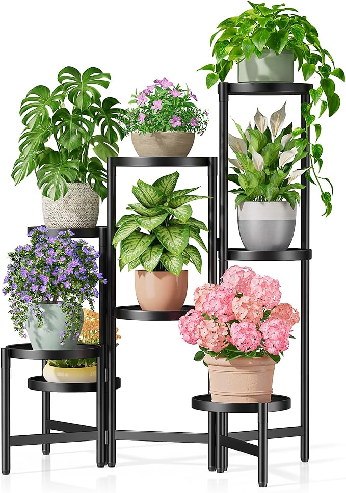 NQW 8 Tiered Plant Stand Indoor for Multiple Large Planter, Tall Heavy Duty Adjustable Folding Rack with Rustproof 7.9 Inch Wide Tray, Plant Shelf for Corner Living Room - BlackDisk