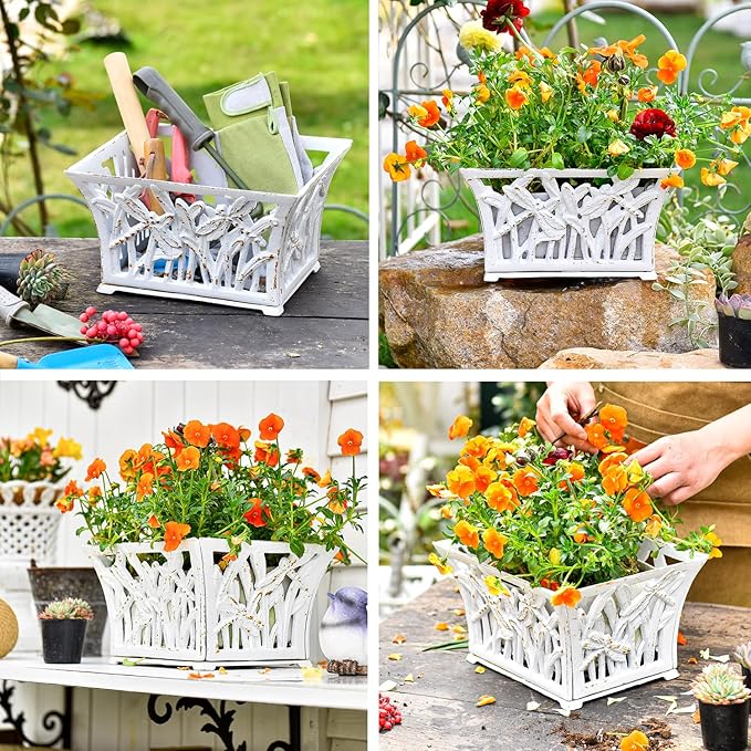 Sungmor Heavy Duty Cast Iron Planter Basket w/Non-Woven Growing Bag, Unique Shape & Beautiful Pattern Design, Hollow Orchid Flower Pot Garden Tools Holder, Rust White French Country Decor Container