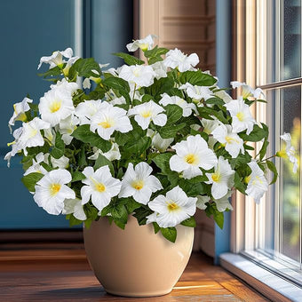 Brlita 19 Inch Artificial Fake Flowers for Outdoor,4 Pcs Faux Silk Petunias Spring Flowers for Outside for Indoor Porch Planter Front Door Garden Patio Window Box Home Decor(White)