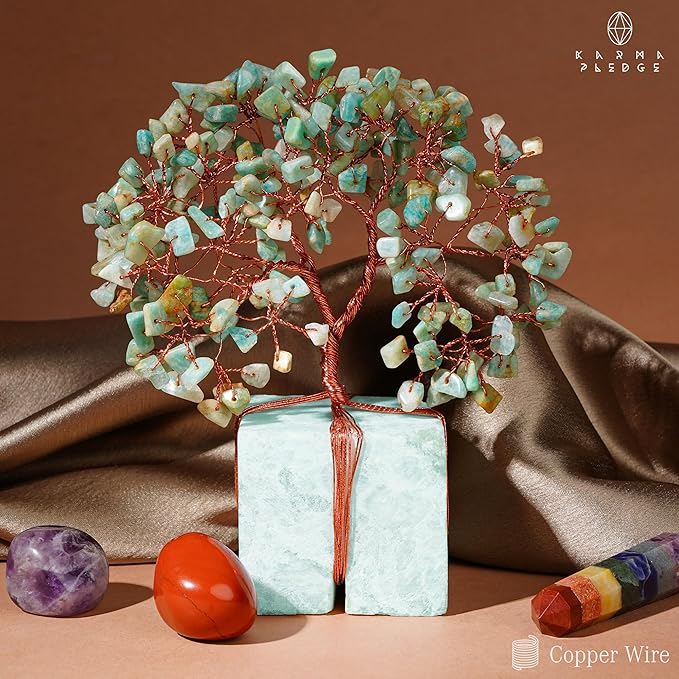 Crystal Tree for Birthday Gifts for Women, Handmade Raw Crystal Base Amazonite Chakra Healing Crystal Tree of Life for Positive Energy, Money, Good Luck, Christmas Décor, Home and Office Decor