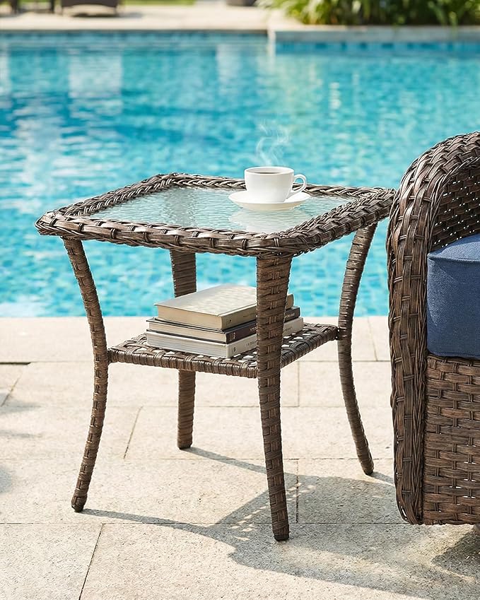 Belord Upgraded 6“ Cushion Luxury 3 Pieces Patio Furniture Set - All Weather Wicker Outdoor Swivel Rocker Patio Chairs of 2 with Side Table, High Back Glider Chairs Set for Deck Porch - Brown/Blue