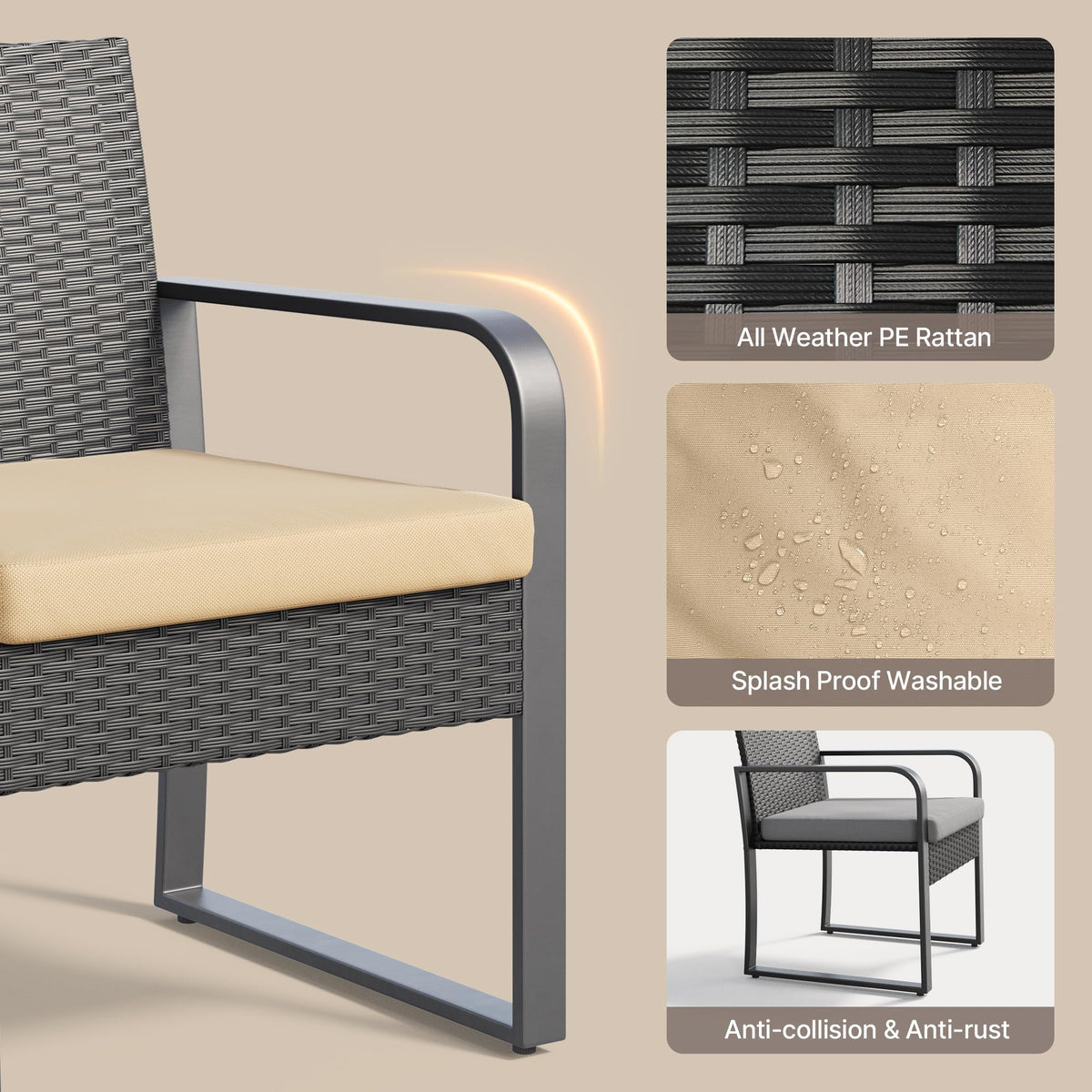 Gizoon 3 Pieces Patio Furniture Sets, Cushion-Beige