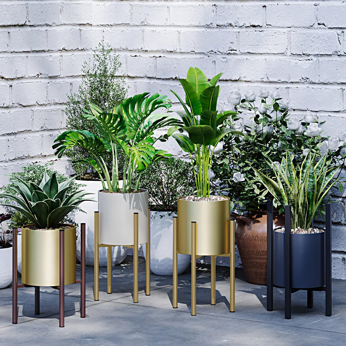 Rioneta Adjustable Metal Plant Stand Indoor, Fits 8-14 Inch Pots, Mid Century Modern Gold Planter Holder,2 Heights, Heavy Duty 160 lb, Indoor Outdoor Corner Floor Pot Stand, Golden 2 Pack
