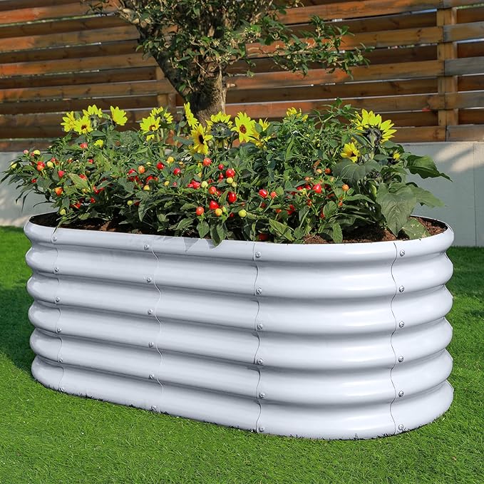 Land Guard 18“ Tall 4×2ft Galvanized Raised Garden Bed Kit, Galvanized Planter Garden Boxes Outdoor, Oval Large Metal Raised Garden Bed for Vegetables……… (Modern Gray, 4×2×1.5ft)