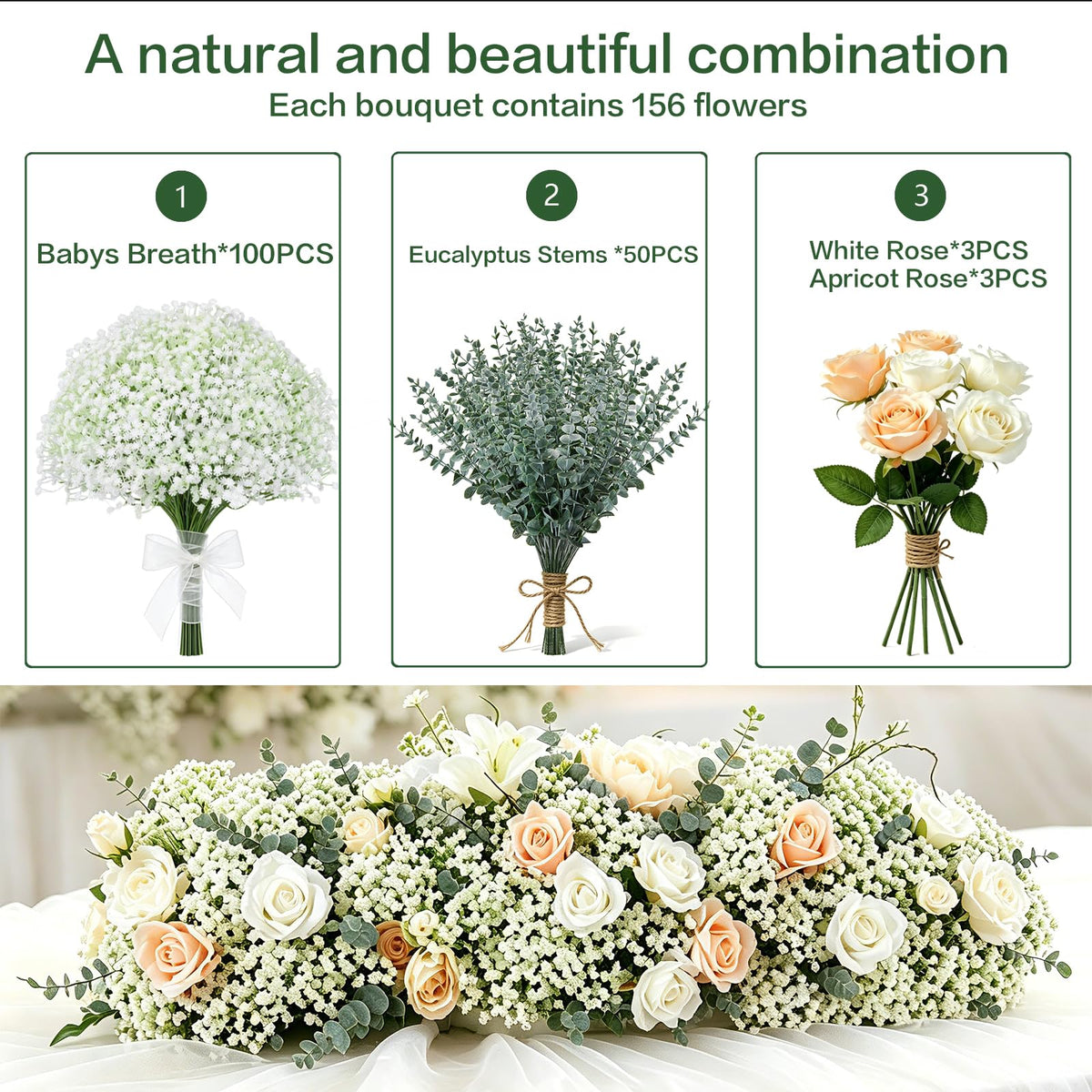 156 PCS Mixed Eucalyptus Stems with Babys Breath Greenery & Silk Roses