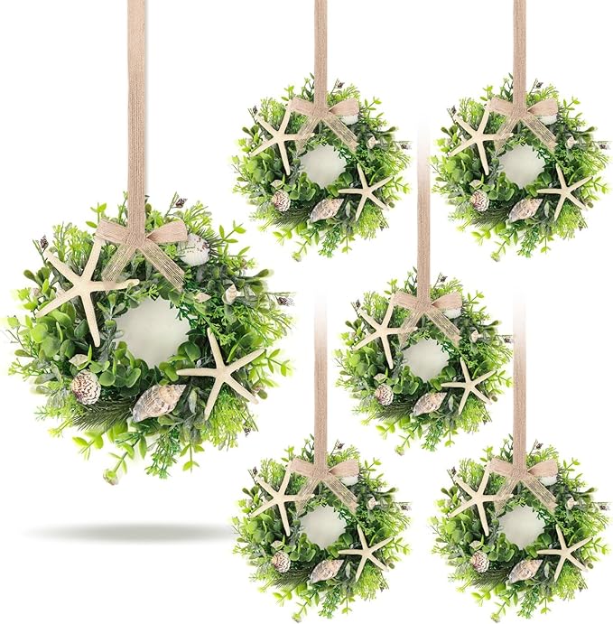 6 Pcs Shell Starfish Swag Wreath Summer Wreaths for Kitchen Cabinet Mini Artificial Rustic Farmhouse Wreaths with Ribbon for Pillar Front Door Porch Wall Window Farmhouse Decoration