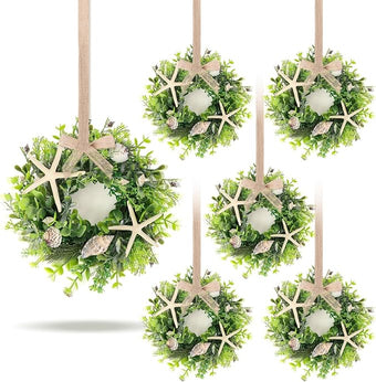 6 Pcs Shell Starfish Swag Wreath Summer Wreaths for Kitchen Cabinet Mini Artificial Rustic Farmhouse Wreaths with Ribbon for Pillar Front Door Porch Wall Window Farmhouse Decoration