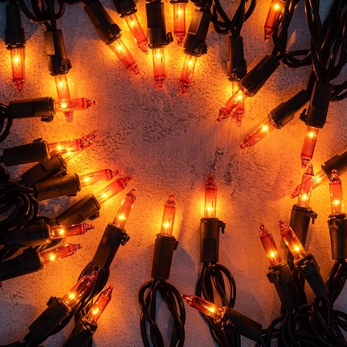YULETIME 200 Orange String Lights with Black Wire, Pack of 2 Sets 33 ft 100 Count UL Certified Christmas String Lights (Orange)