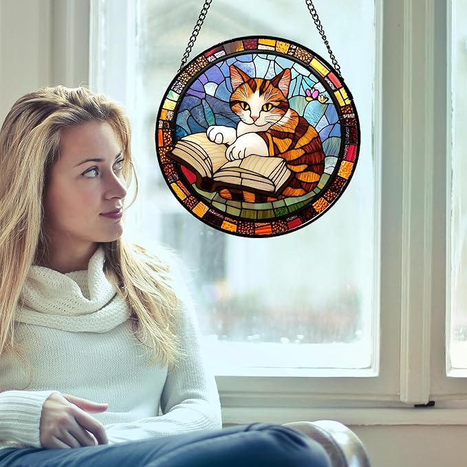 DASTOLL Stained Glass Window Hanging Little Cat Reading 7.8" - Suncatcher Door Garden Kitchen Sunroom Sun Catcher Home Decor Birthday for Lost Pets Mom Grandma Men Woman Friend