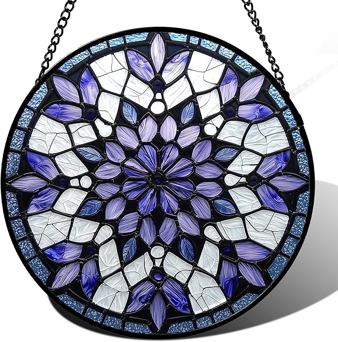 AMDERVEN Stained Glass Window Hanging, Purple Blue Tiffany Style Flowers Sun Catcher for Window Door Home Decor Suncatcher Christmas Mother's Day Birthday Gifts for Women Men Mom Nana 11.8 in