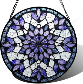 AMDERVEN Stained Glass Window Hanging, Purple Blue Tiffany Style Flowers Sun Catcher for Window Door Home Decor Suncatcher Christmas Mother's Day Birthday Gifts for Women Men Mom Nana 15 in