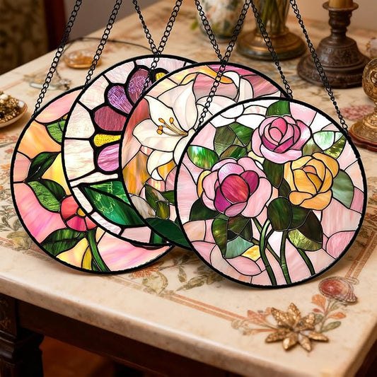 DASTOLL Stained Glass Window Hanging 4 Pcs Set Pink Floral Theme Large 11.8" - Flowers Suncatcher Door Garden Sun Catcher Decor Birthday Christmas for Mom Woman Nana Men Friend