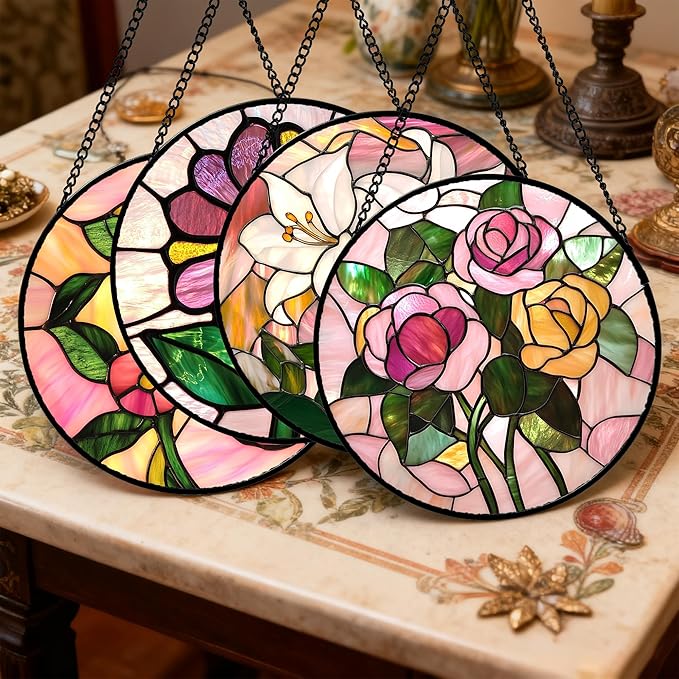 DASTOLL Stained Glass Window Hanging 4 Pcs Set Pink Floral Theme 6.3" - Flowers Suncatcher Door Garden Sun Catcher Decor Birthday Christmas for Mom Woman Nana Men Friend