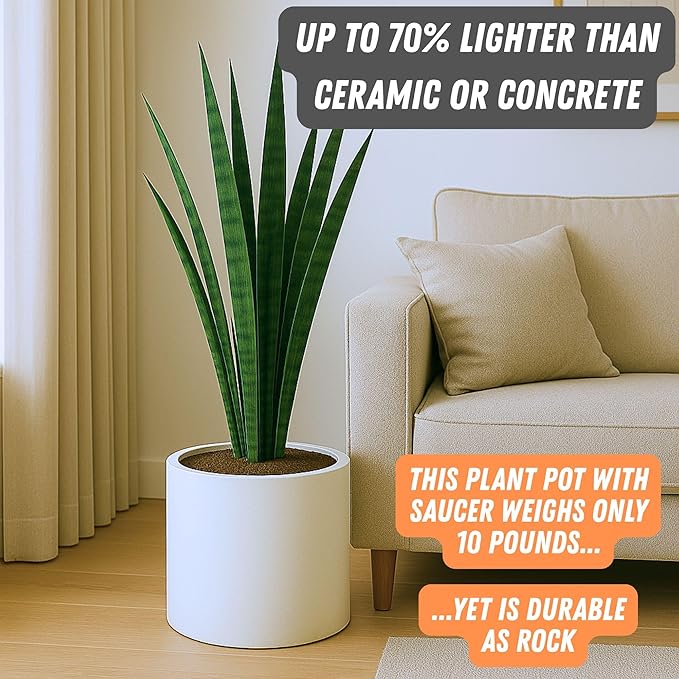 Fox & Fern Large 12 Inch Plant Pot with Hidden Saucer — Premium Lightweight Fiberstone Matte White Self Watering Planter with Seamless Saucer; Indoor & Outdoor Use; Weather Resistant & UV Resistant