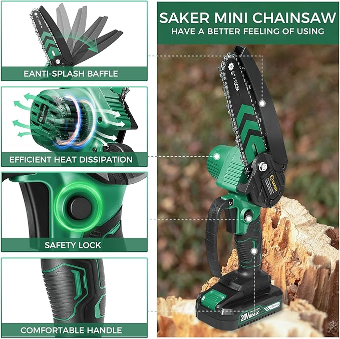 Saker Mini Chainsaw,6 Inch Portable Electric Chainsaw Cordless, Small Handheld Chain saw for Tree Branches,Courtyard, Household and Garden,Gift for Men Dad(SK1806D-G)