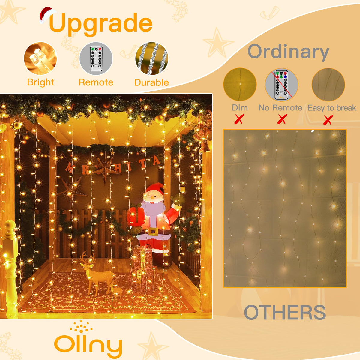Ollny 2 Pack Curtain Lights, 400LED 6.6x6.6ft Fairy Lights with Remote
