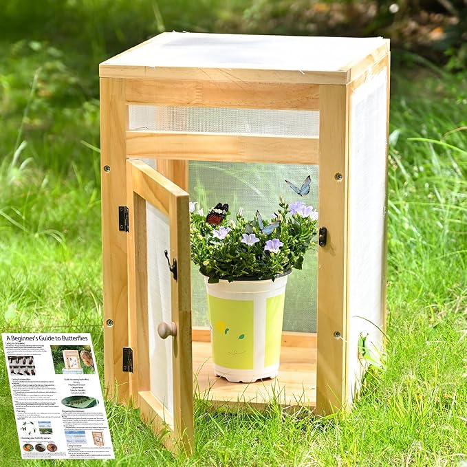 Yohsnor Butterfly Habitat Cage Kit - 15.7" Monarch Caterpillar House with Wooden Frame & Mesh Enclosure, Grow Tent for Hatching Butterflies, Kids Observation & Garden Insect Cages (Includes Guide)