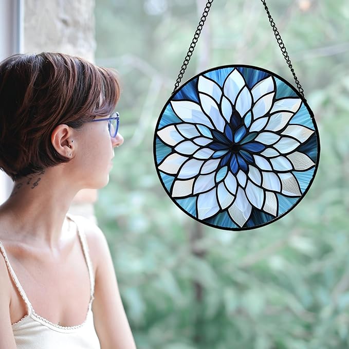 AMDERVEN Stained Glass Suncatcher, Blue White Multi-Petal Flowers Sun Catcher Landscape Stain Glass Window Hanging Decoration Mother's Day Birthday Gifts for Women Men Mom Nana 15 in