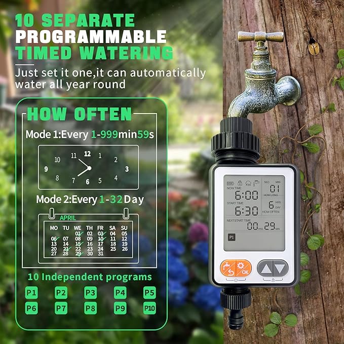 Sprinkler Timer for Garden Hose, 10 Programmable Water Timer with with Auto Rain Delay, IP54 Waterproof 3.3“ Large LCD Drip Irrigation System Timers for Plant, Yard, Lawns, Outdoor