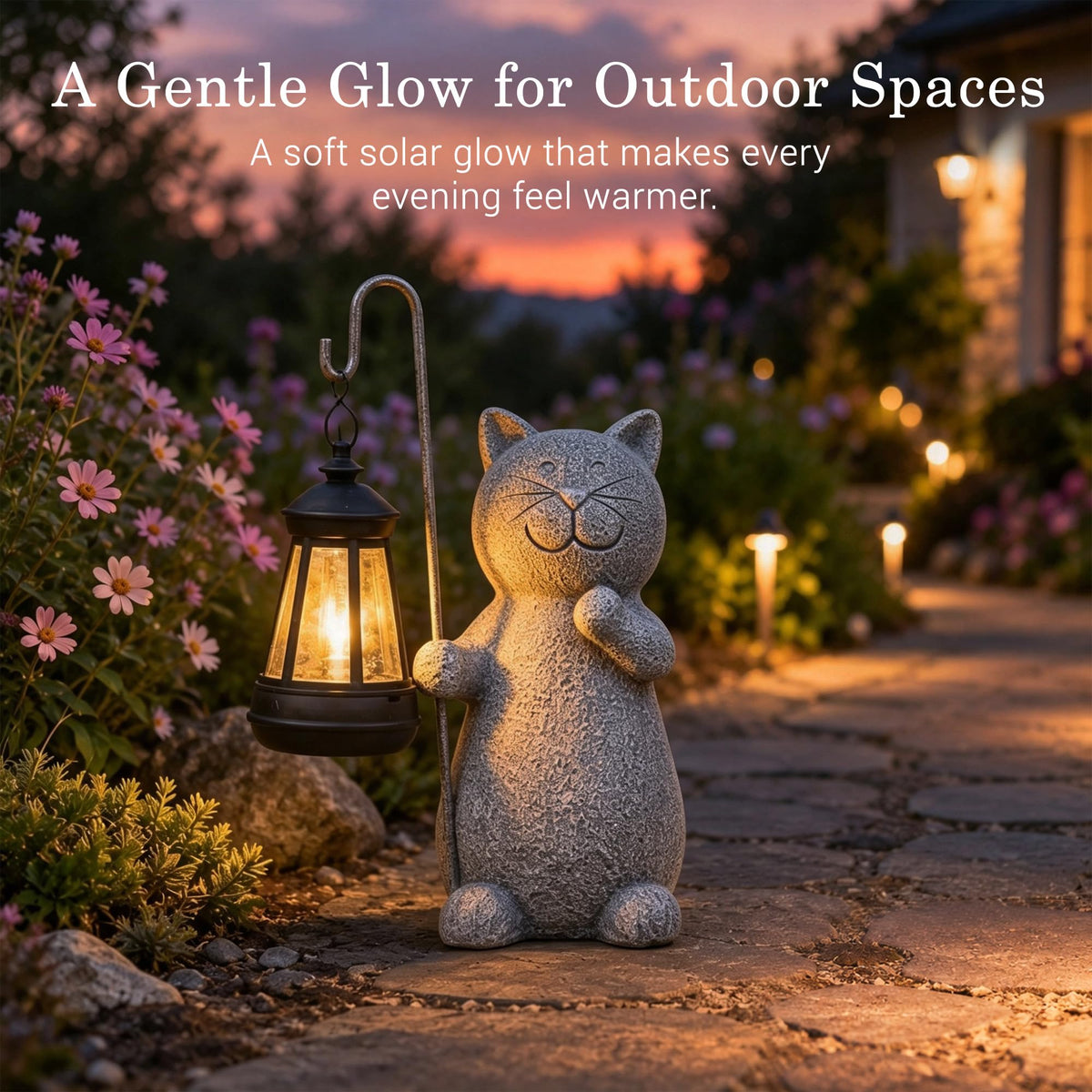 Qeeman Solar Cat Garden Statue with Lantern: Outdoor Decor