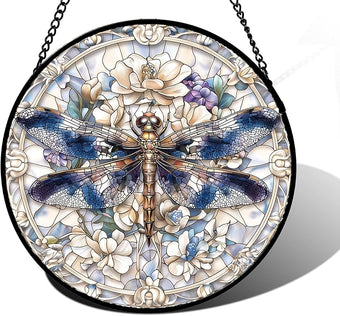 Stained Glass Window Hanging, Dragonfly Flower Suncatcher for Doors Home Sun Catchers Decoration and Christmas, Mother's Day Birthday Gifts for Women, Men, and Mom 11.8x11.8 in