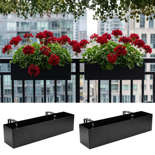LaLaGreen Railing Planter Box (24 Inch, 2 Pack) Black Metal Rectangular Hanging Flower Boxes with Brackets, Deck Railings Planters for Outdoor Plants Fence Over Rail Balcony Patio Porch Stylish Garden