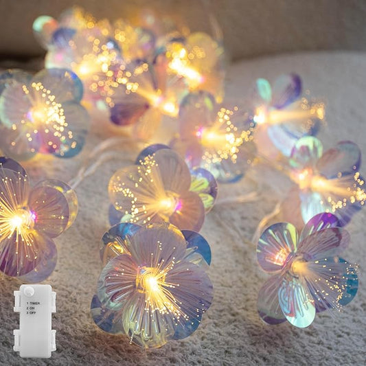 YOLIGHT Fiber Optic Flower String Lights Battery Operated with Timer, 6.5ft 10 LED Flower Garland Lights Fairy Lights for Room Table Wedding Christmas Easter Décor (Warm White)