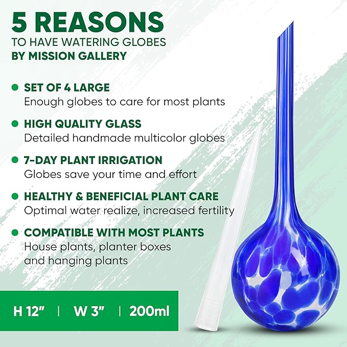 Mission Gallery Plant Watering Globes Set of 4 - Large Self Watering Globes for Indoor & Outdoor Plants - Multicolored, Automatic, Glass Watering Bulbs for Daily Use, Plant Watering Devices