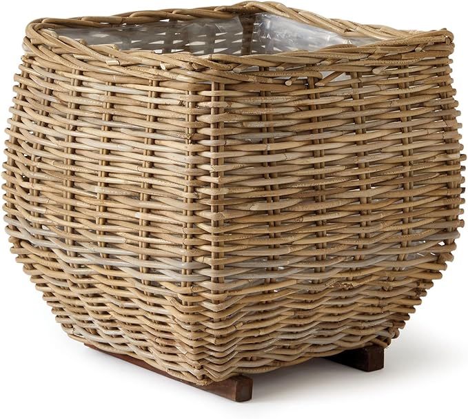 MY SWANKY HOME Elegant Curved Square Natural Rattan Planters with Liners Floor Baskets