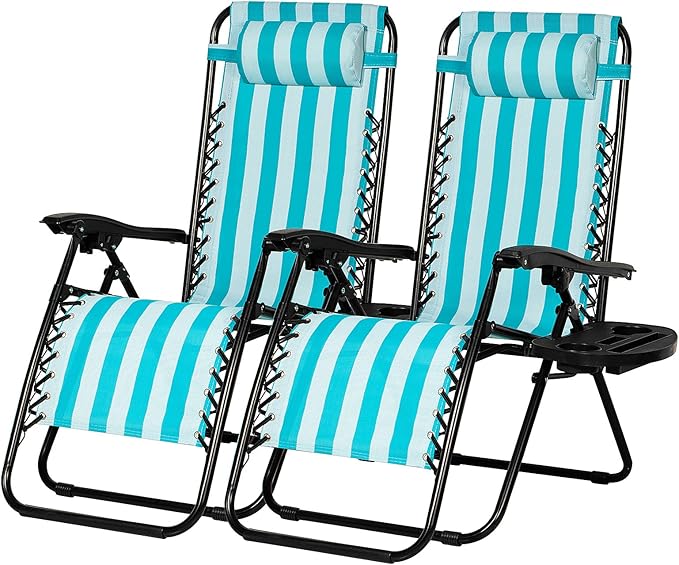 Nazhura Set of 2 Relaxing Recliners Patio Chairs Adjustable Steel Mesh Zero Gravity Lounge Chair Beach Chairs with Pillow and Cup Holder (Light Blue Stripe)