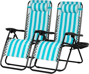 Nazhura Set of 2 Relaxing Recliners Patio Chairs Adjustable Steel Mesh Zero Gravity Lounge Chair Beach Chairs with Pillow and Cup Holder (Light Blue Stripe)