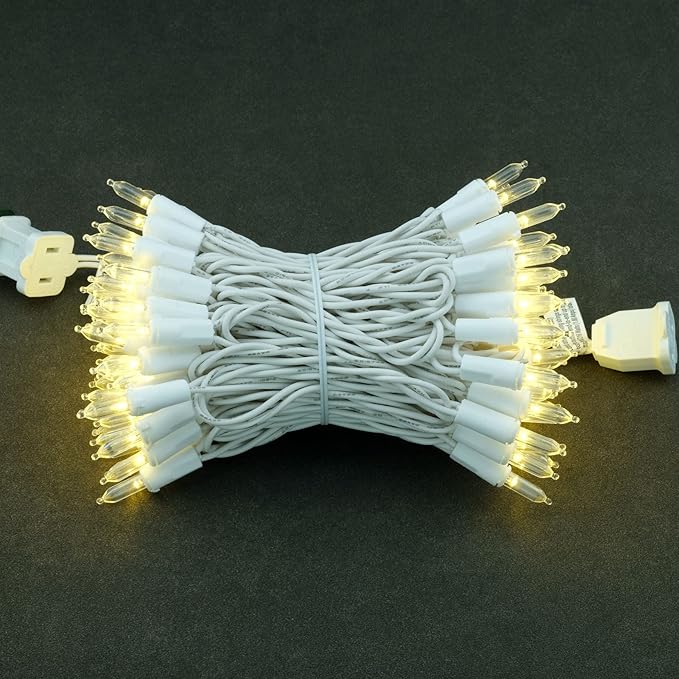 YULETIME Warm White LED Christmas Lights with White Wire, 33 ft 100 Count UL Certified Commercial Grade Holiday String Light Set (Warm White - White Wire)