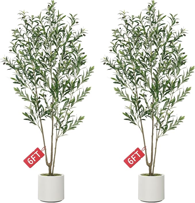 Olive Trees Artificial Indoor, 2 PCS 6FT Faux Olive Tree with Tall Pot, Natural Wood Trunk Treemote and Leaves, Fake Plant for Home Office Bedroom Decor