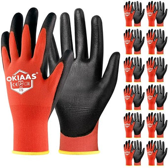 OKIAAS Men's Lightweight Construction Gloves with Grip, 12 Pairs, Red, Small
