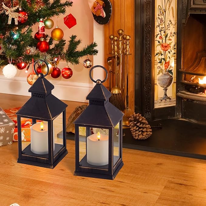 Vintage Golden Brushed Black Lantern Decorative LED Flickering Flameless Candle with Timer, Battery Powered LED Decorative Hanging Lanterns for Indoor Outdoor Garden Yard Home Decor(2 Pack)