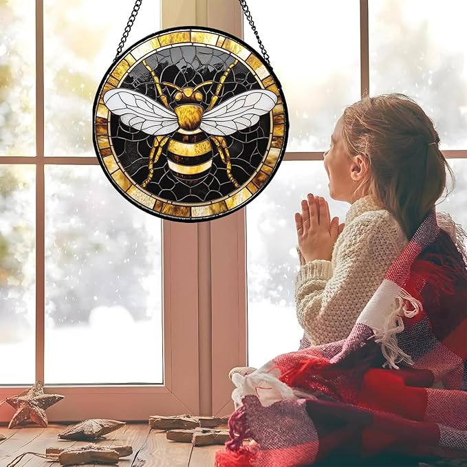 AMDERVEN Stained Glass Window Hanging - Black Gold Bee White Wings Sun Catcher for Door Home Decor Insect Suncatcher Christmas Mother's Day Birthday Gifts for Women Men Lovers Mom Nana 7.8 in