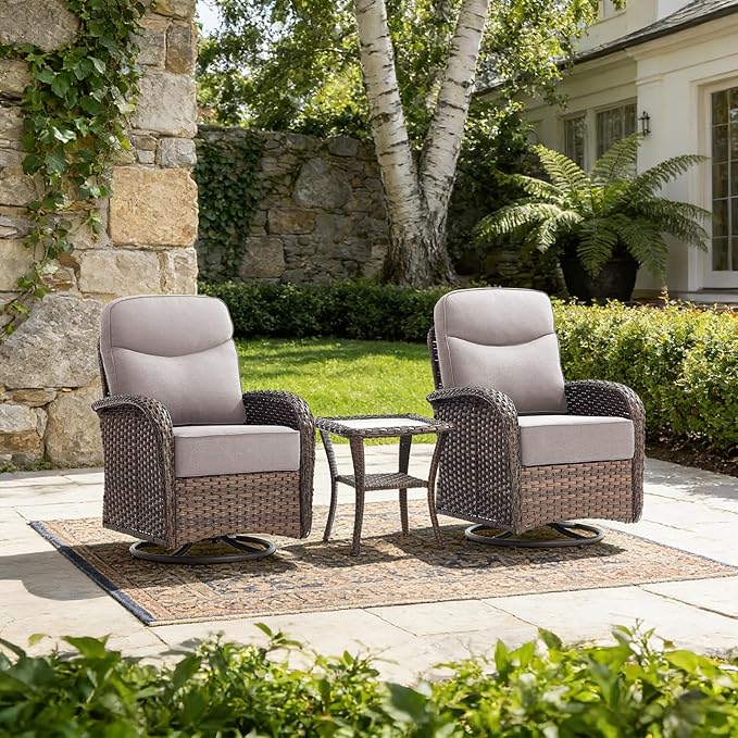 Luxury Outdoor Swivel Rocker Patio Chairs with 6-Inch Thick Cushions, High Back Swivel Glider Patio Chairs, 3PCS Wicker Outdoor Furniture Set for Porch, Patio, Yard, Deck, Poolside, Brown/Beige