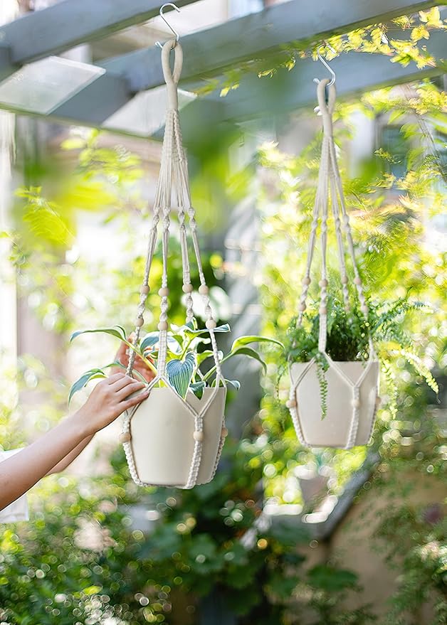 Macrame Plant Hanger Indoor Hanging with Wood Beads Macrame Planters No Tassel for Indoor Outdoor Boho Home Decor 35 Inch (Ivory,2pcs)