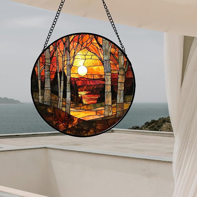 Stained Glass Window Hanging, Orange Red Landscape Forest Lake Moon Suncatcher for Doors Window Home Sun Catchers Decor Mother's Day Birthday Gifts for Women Men Mom 6.3 in