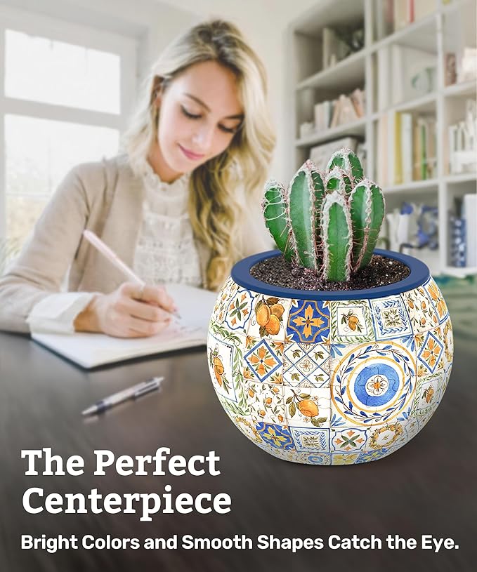 PieceRelax 3D Puzzle Planter - Retro Tiles - Danish Folklore Style, Home Decor Flower Pots for Indoor Cactus, Succulents Pots [K1104]