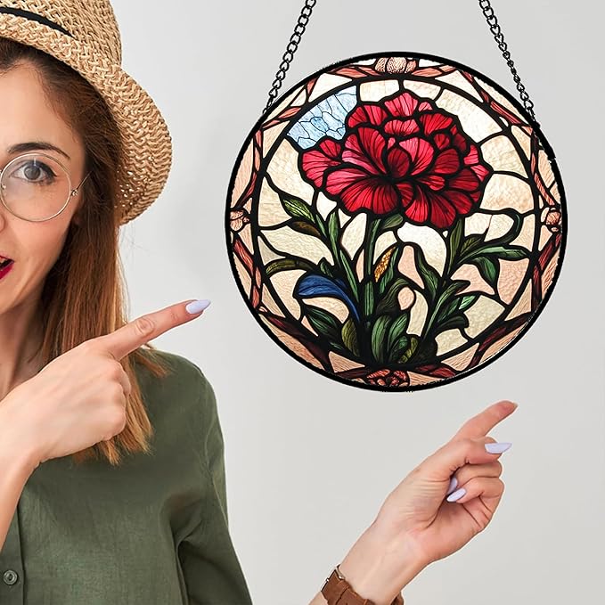 AMDERVEN Stained Glass Window Hanging - Red Carnation Birth Flower Sun Catcher for Door Garden Home Decor Suncatcher Christmas Mother's Day Birthday Gifts for Women Men Mom Nana Friend Wife 6.3 in