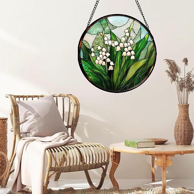 JOSUMALY Stained Glass Window Hanging - White Green Lily of The Valley Suncatcher for Doors Garden Terrace Plant Sun Catchers Decor Mother's Day Birthday Flowers Gifts for Women Men Mom 15 in