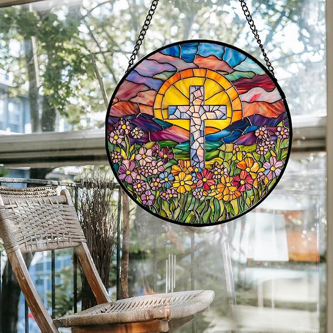 JOSUMALY Stained Glass Window Hanging - Cross Flower Sea Sun Catcher for Door Terrace Garden Home Decor, Mountains Landscape Suncatcher Birthday Gifts for Lovers Women Men Dad Mom Nana 6.3 in
