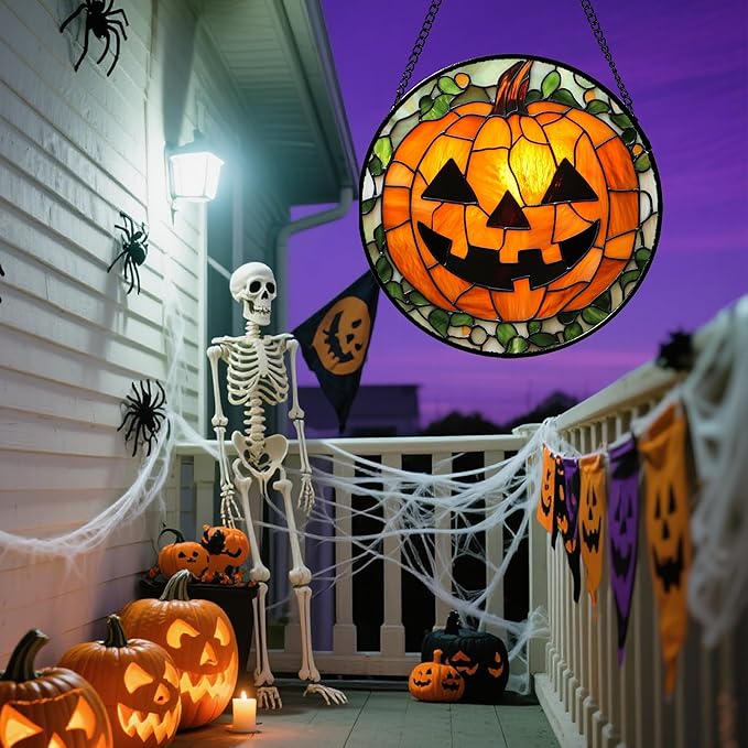 Stained Glass Window Hanging, Halloween Decorations Evil Pumpkin Suncatcher for Doors Garden Indoor Spooky Funny Orange Sun Catchers Gothic Decor Horror Gifts for Women Men Friend 15 in