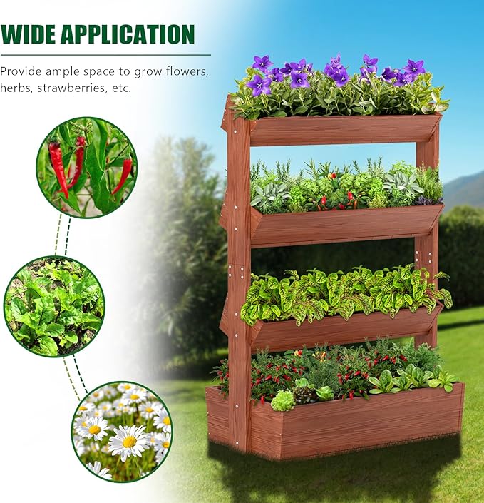 Wooden Vertical Raised Garden Bed, 4 Tier Garden Planters Raised Beds Freestanding Plant Stand Flower Rack Wooden Planter Box for Plants Herbs Flowers Vegetables Outdoor Indoor Gardening